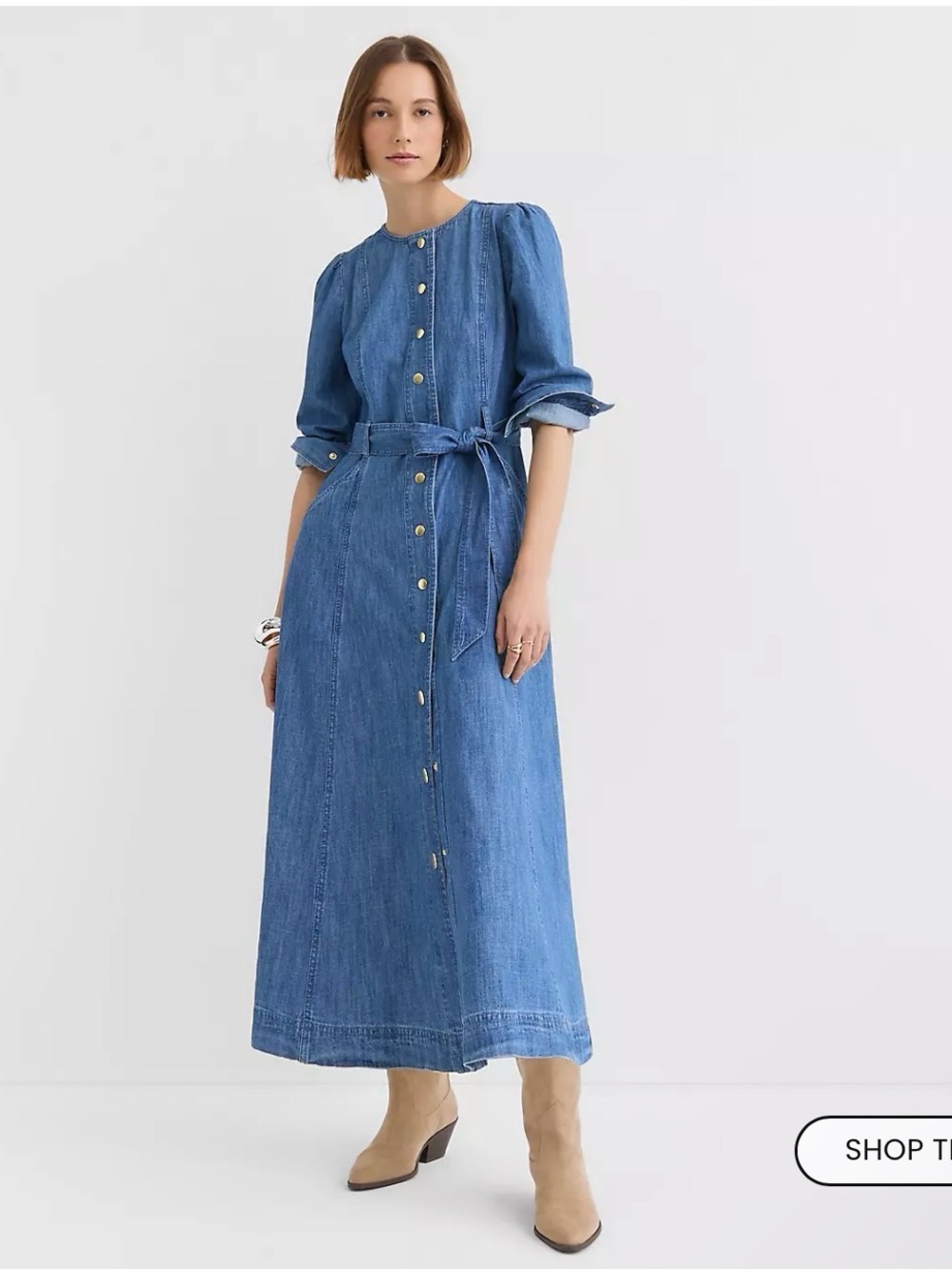 Chambray Balloon Sleeve Midi Pocket Dress